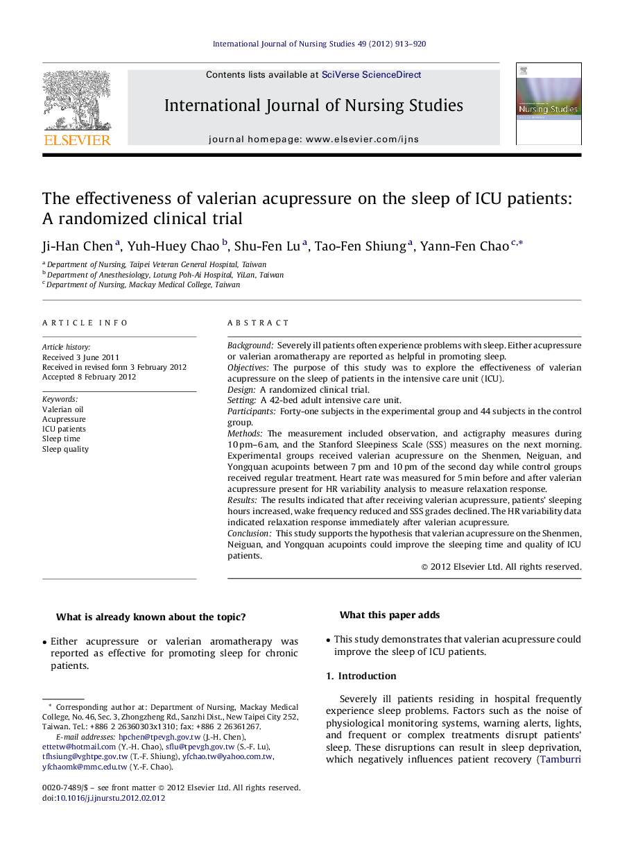 The effectiveness of valerian acupressure on the sleep of ICU patients: A randomized clinical trial