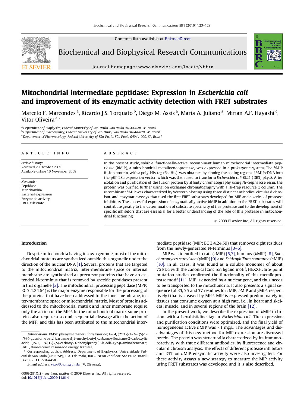 Mitochondrial intermediate peptidase: Expression in Escherichia coli and improvement of its enzymatic activity detection with FRET substrates