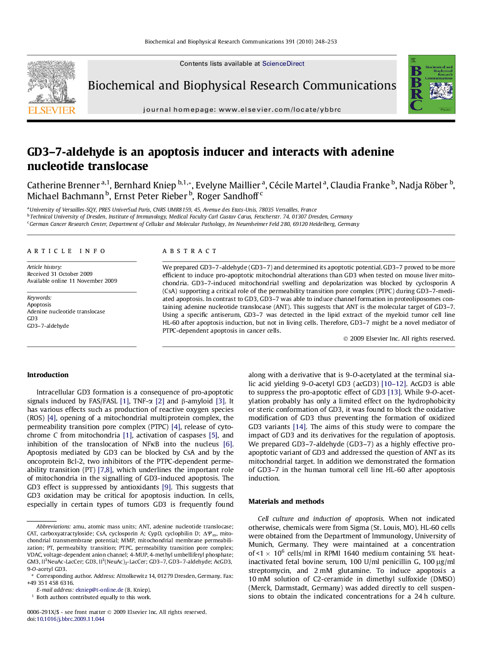 GD3-7-aldehyde is an apoptosis inducer and interacts with adenine nucleotide translocase