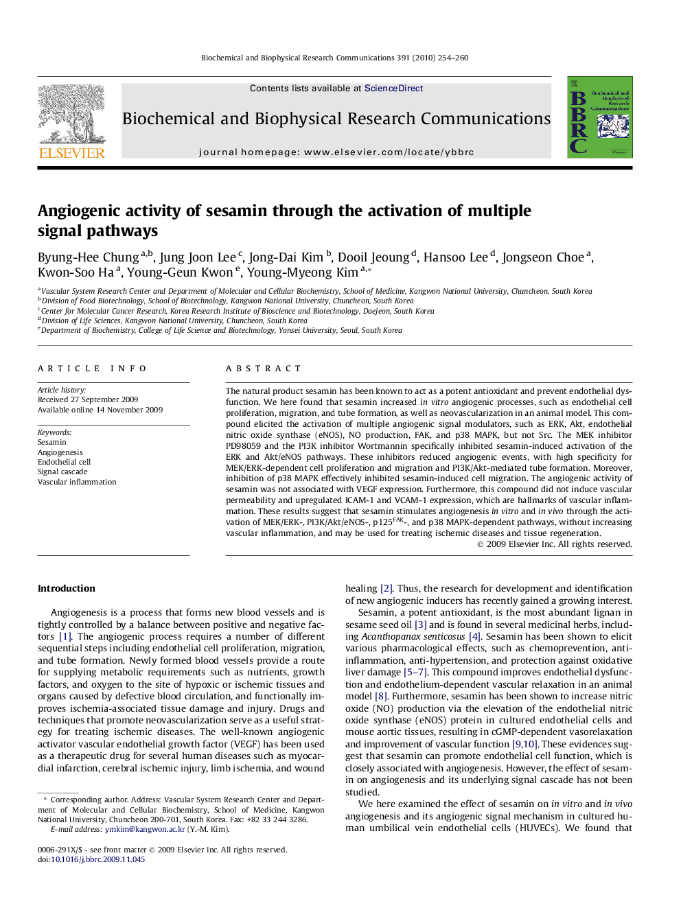 Angiogenic activity of sesamin through the activation of multiple signal pathways