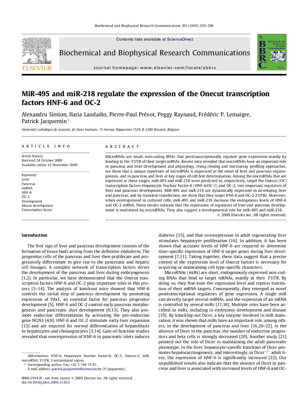 MiR-495 and miR-218 regulate the expression of the Onecut transcription factors HNF-6 and OC-2