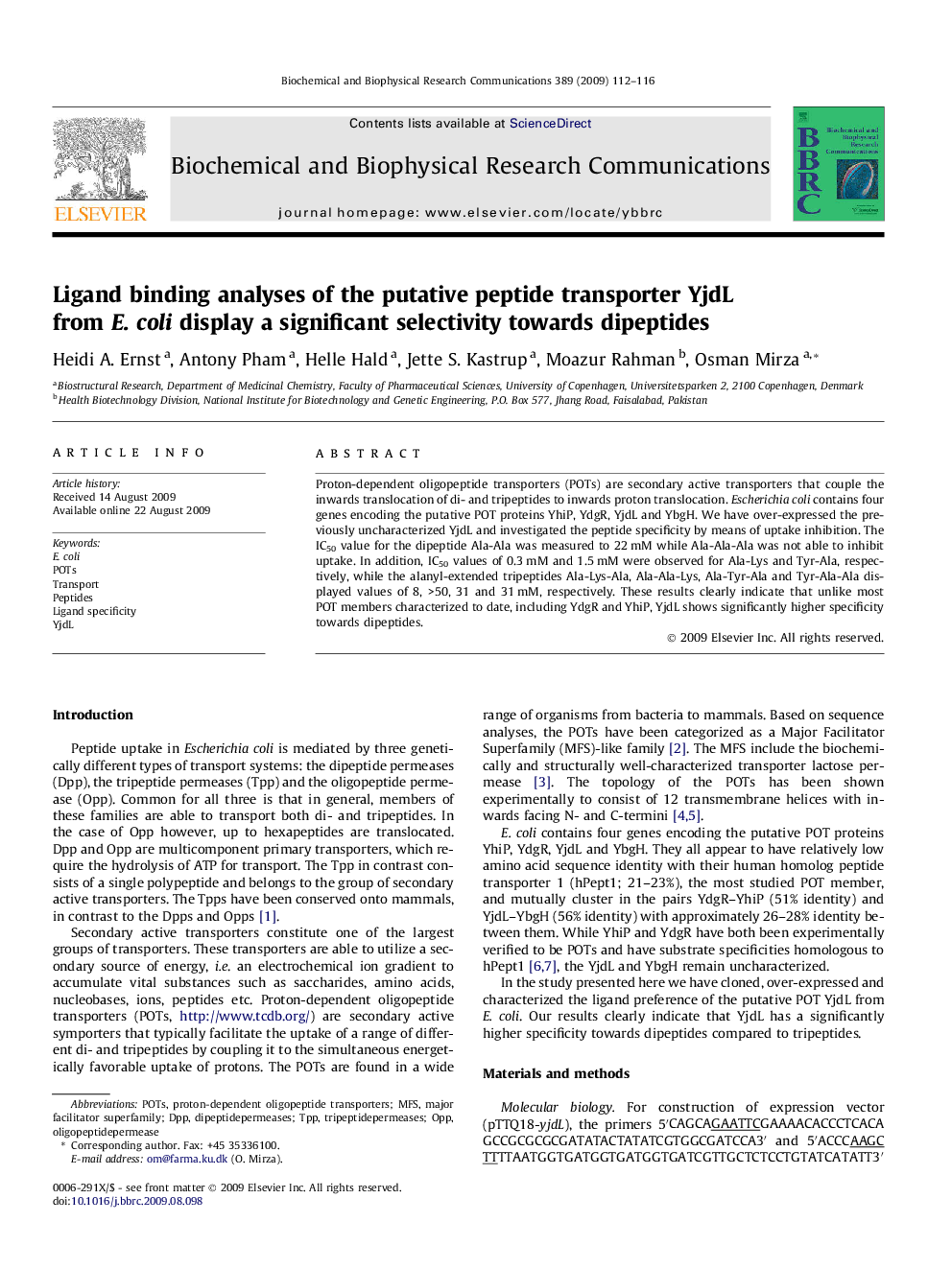 Ligand binding analyses of the putative peptide transporter YjdL from E. coli display a significant selectivity towards dipeptides