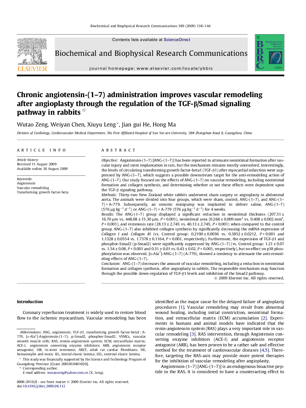 Chronic angiotensin-(1-7) administration improves vascular remodeling after angioplasty through the regulation of the TGF-Î²/Smad signaling pathway in rabbits