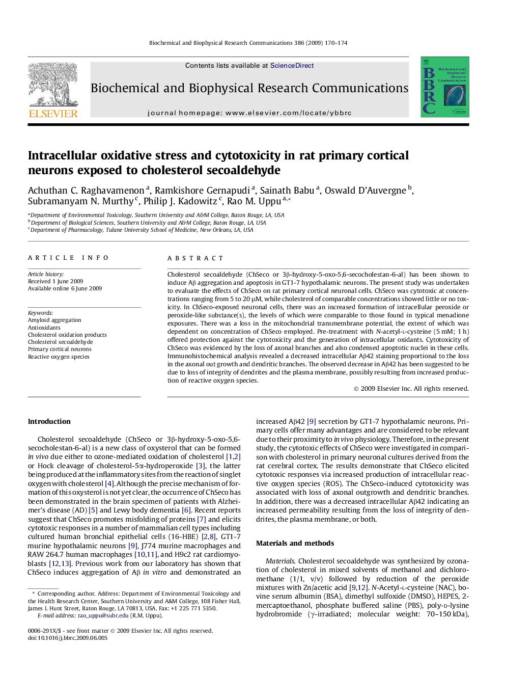 Intracellular oxidative stress and cytotoxicity in rat primary cortical neurons exposed to cholesterol secoaldehyde