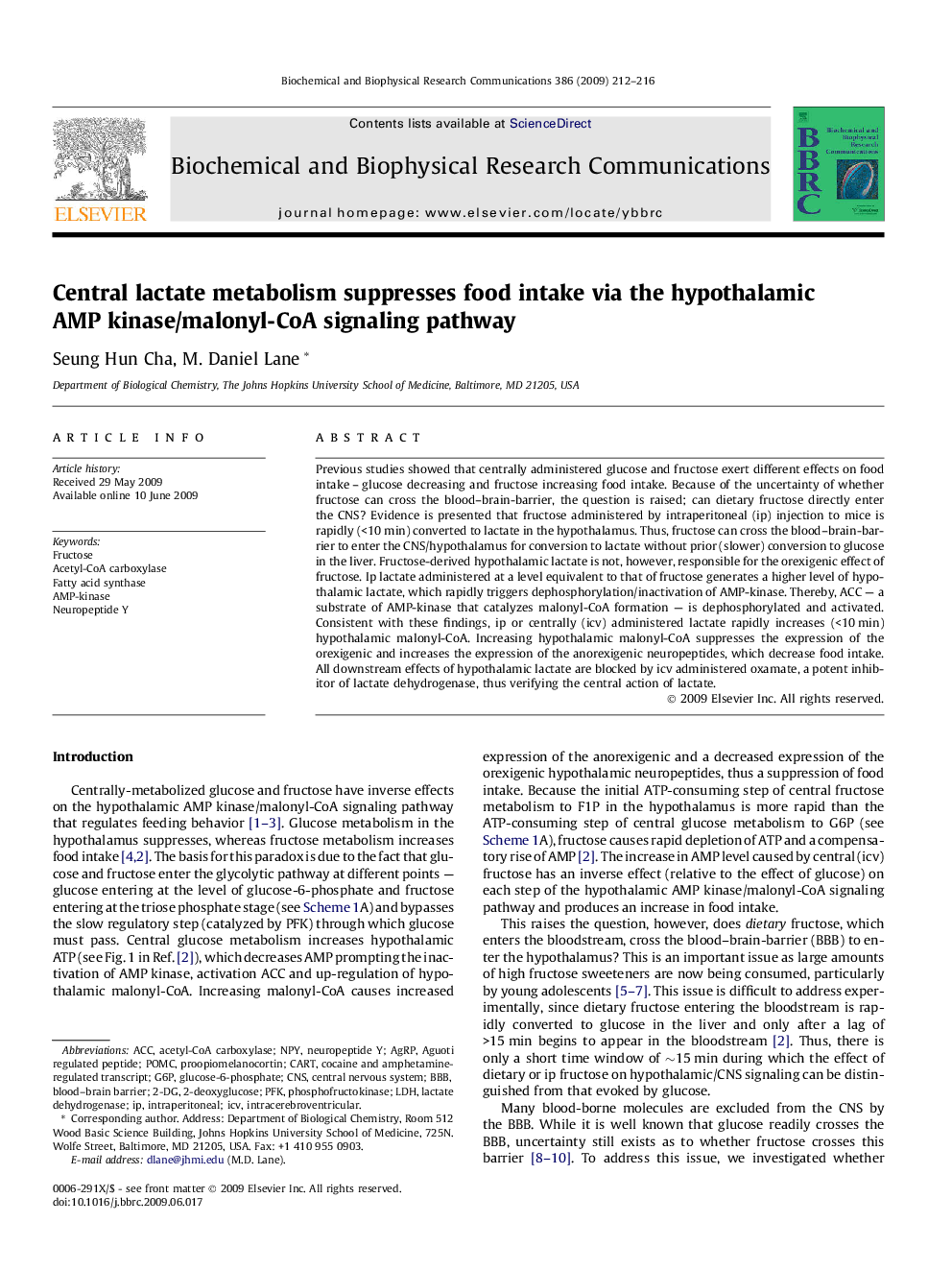 Central lactate metabolism suppresses food intake via the hypothalamic AMP kinase/malonyl-CoA signaling pathway