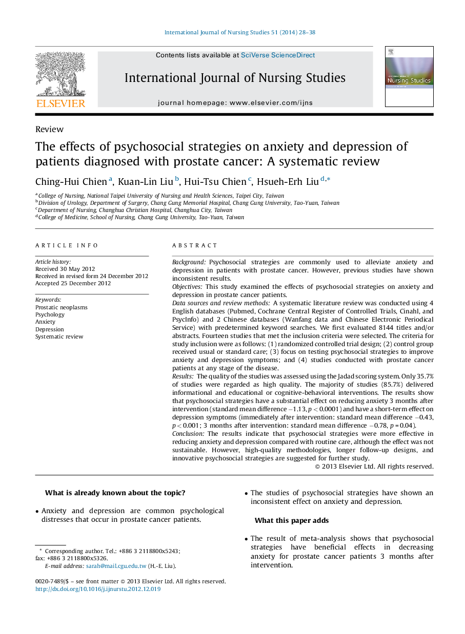 The effects of psychosocial strategies on anxiety and depression of patients diagnosed with prostate cancer: A systematic review