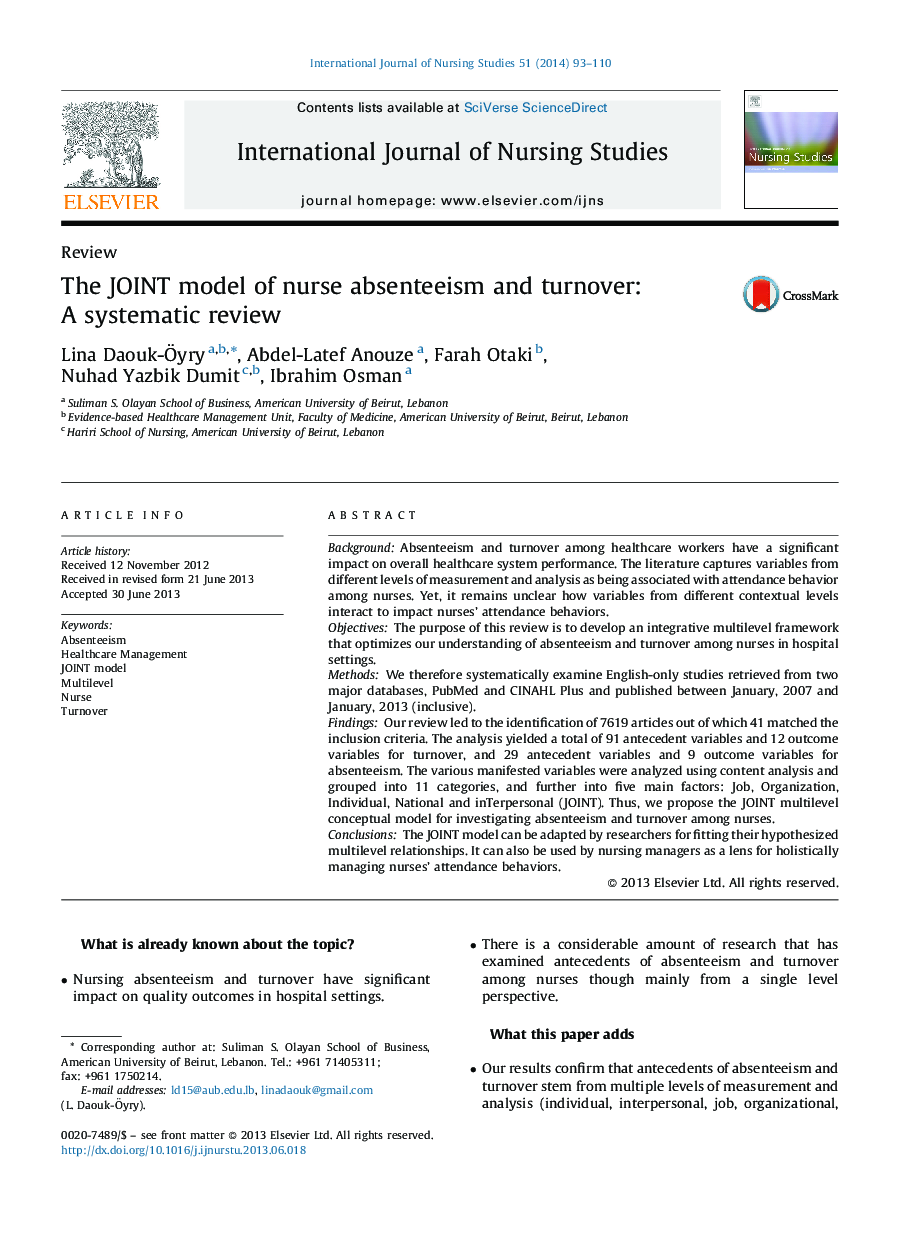 The JOINT model of nurse absenteeism and turnover: A systematic review