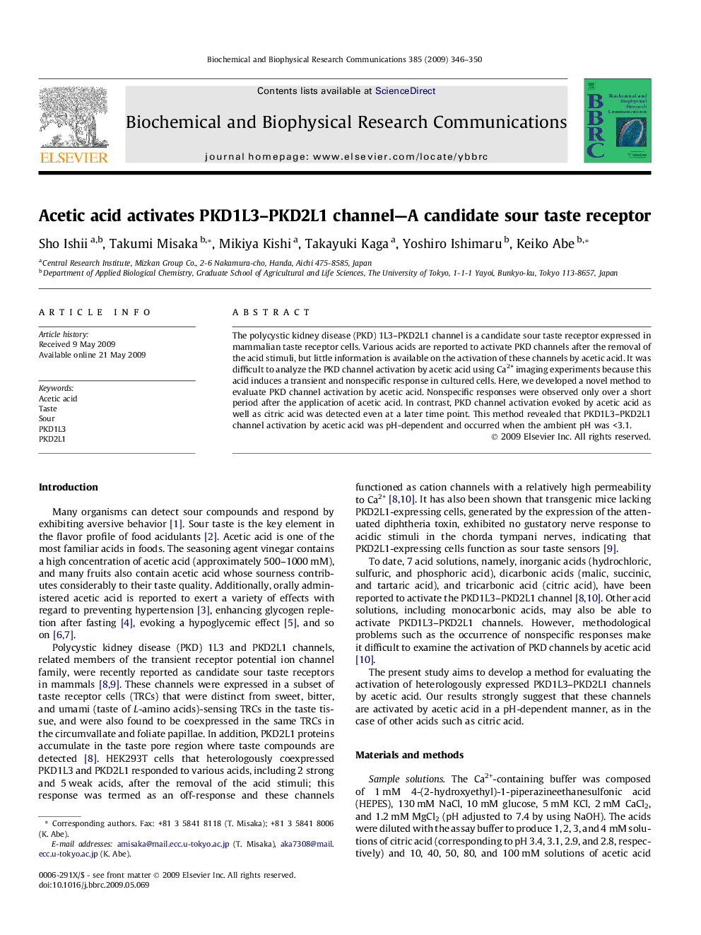 Acetic acid activates PKD1L3-PKD2L1 channel-A candidate sour taste receptor