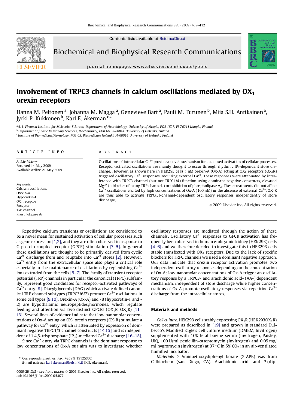 Involvement of TRPC3 channels in calcium oscillations mediated by OX1 orexin receptors