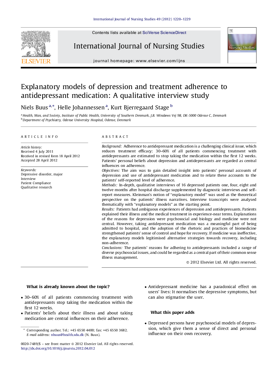 Explanatory models of depression and treatment adherence to antidepressant medication: A qualitative interview study