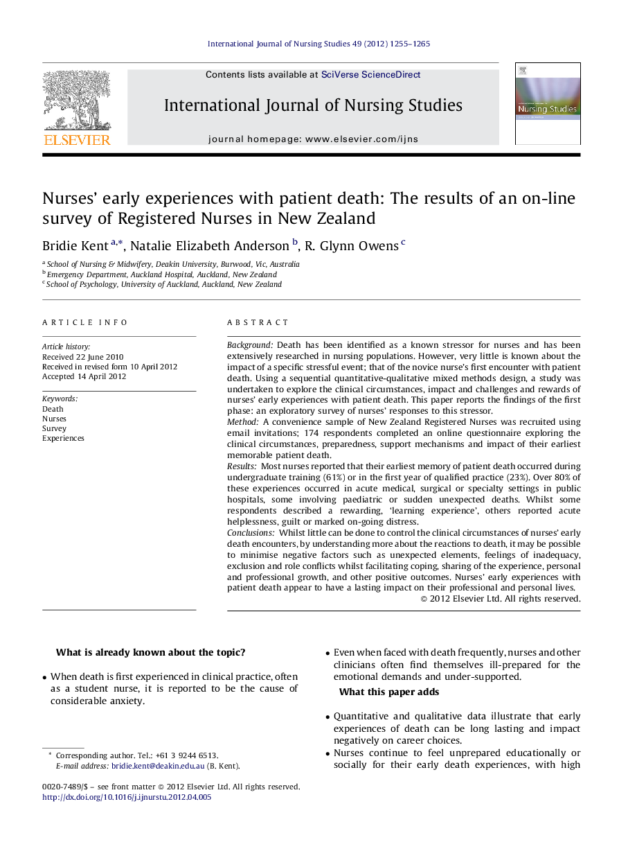 Nurses' early experiences with patient death: The results of an on-line survey of Registered Nurses in New Zealand