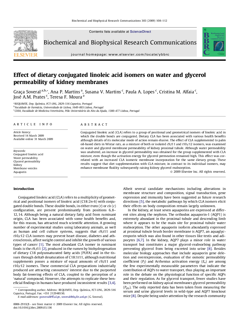 Effect of dietary conjugated linoleic acid isomers on water and glycerol permeability of kidney membranes