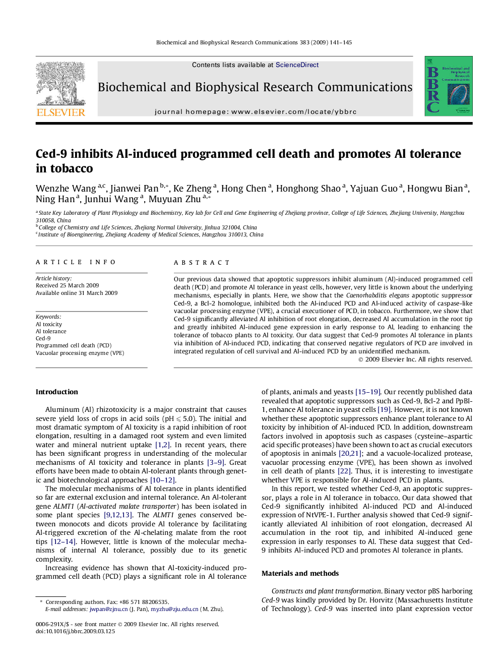 Ced-9 inhibits Al-induced programmed cell death and promotes Al tolerance in tobacco