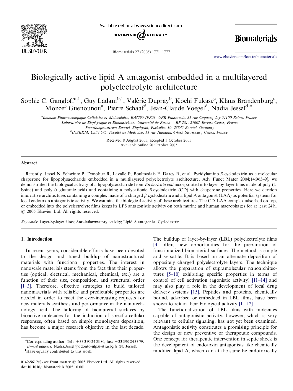 Biologically active lipid A antagonist embedded in a multilayered polyelectrolyte architecture