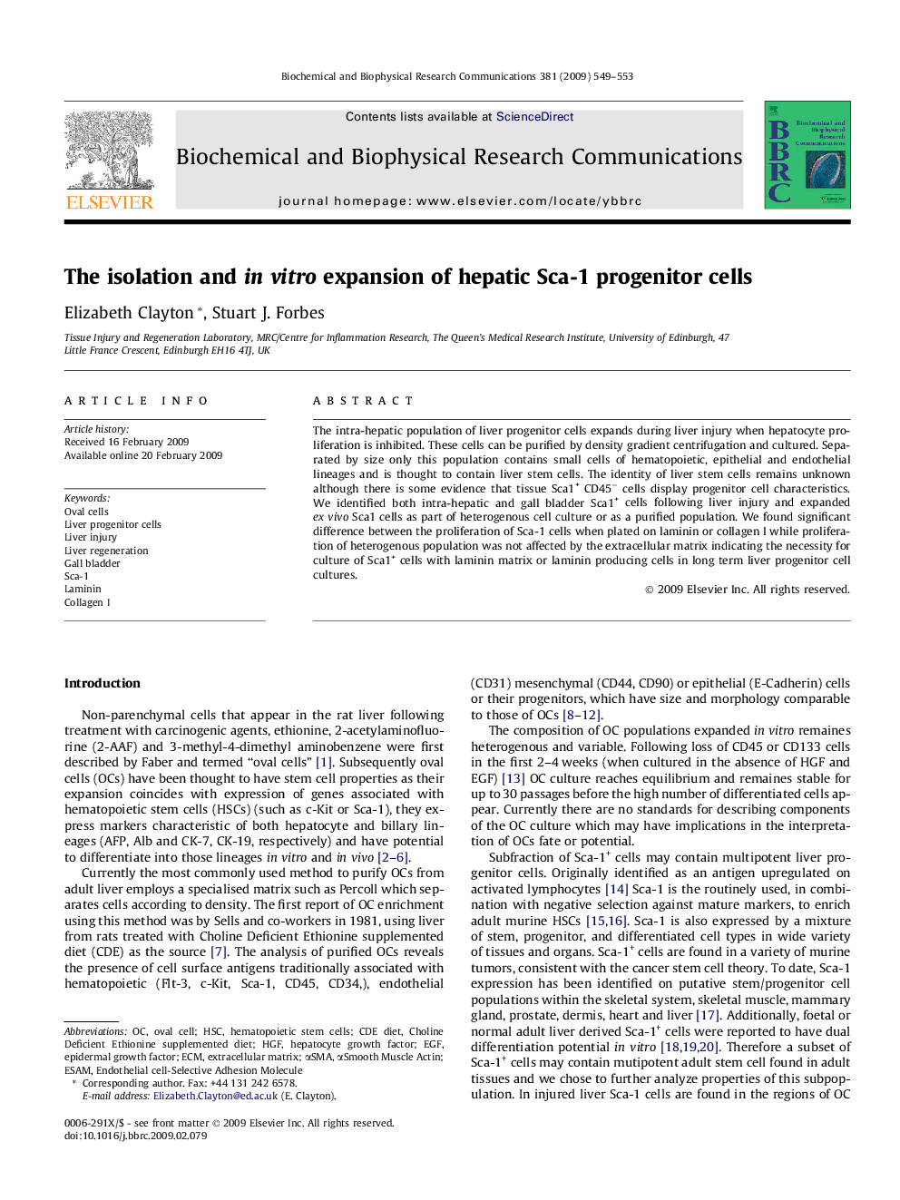 The isolation and in vitro expansion of hepatic Sca-1 progenitor cells