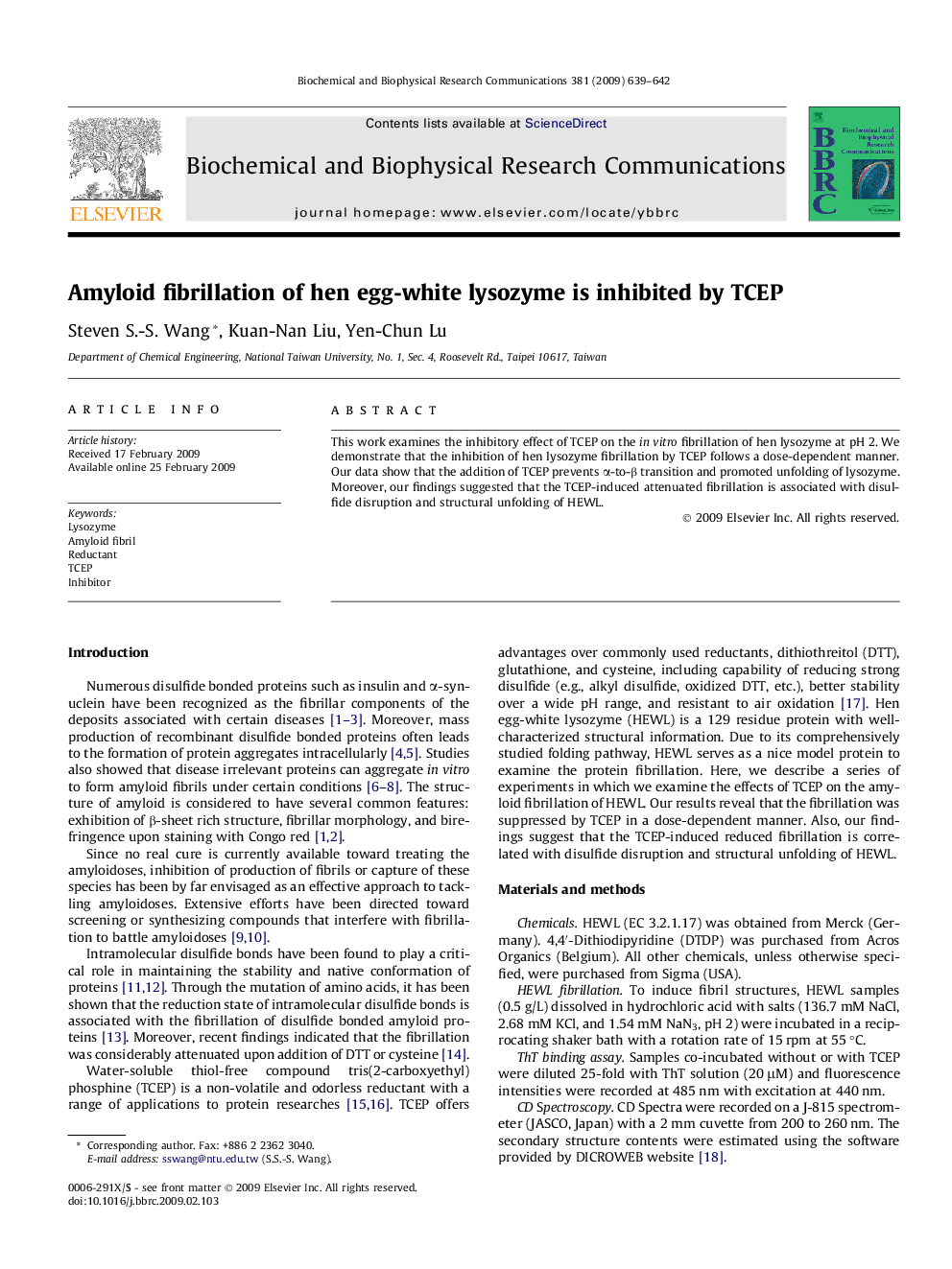 Amyloid fibrillation of hen egg-white lysozyme is inhibited by TCEP