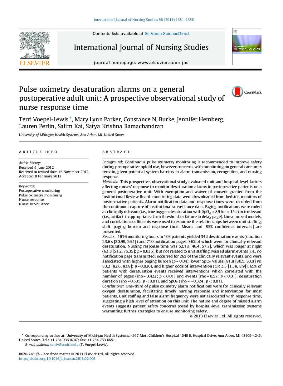 Pulse oximetry desaturation alarms on a general postoperative adult unit: A prospective observational study of nurse response time