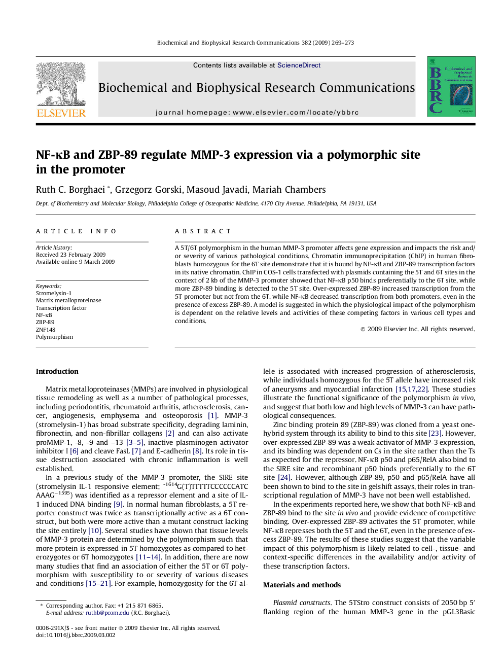 NF-ÎºB and ZBP-89 regulate MMP-3 expression via a polymorphic site in the promoter