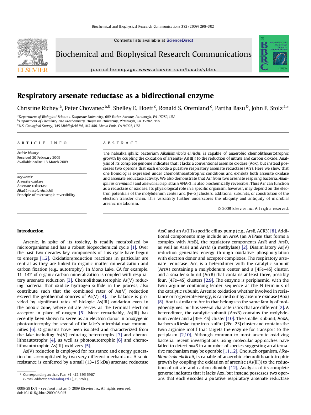 Respiratory arsenate reductase as a bidirectional enzyme