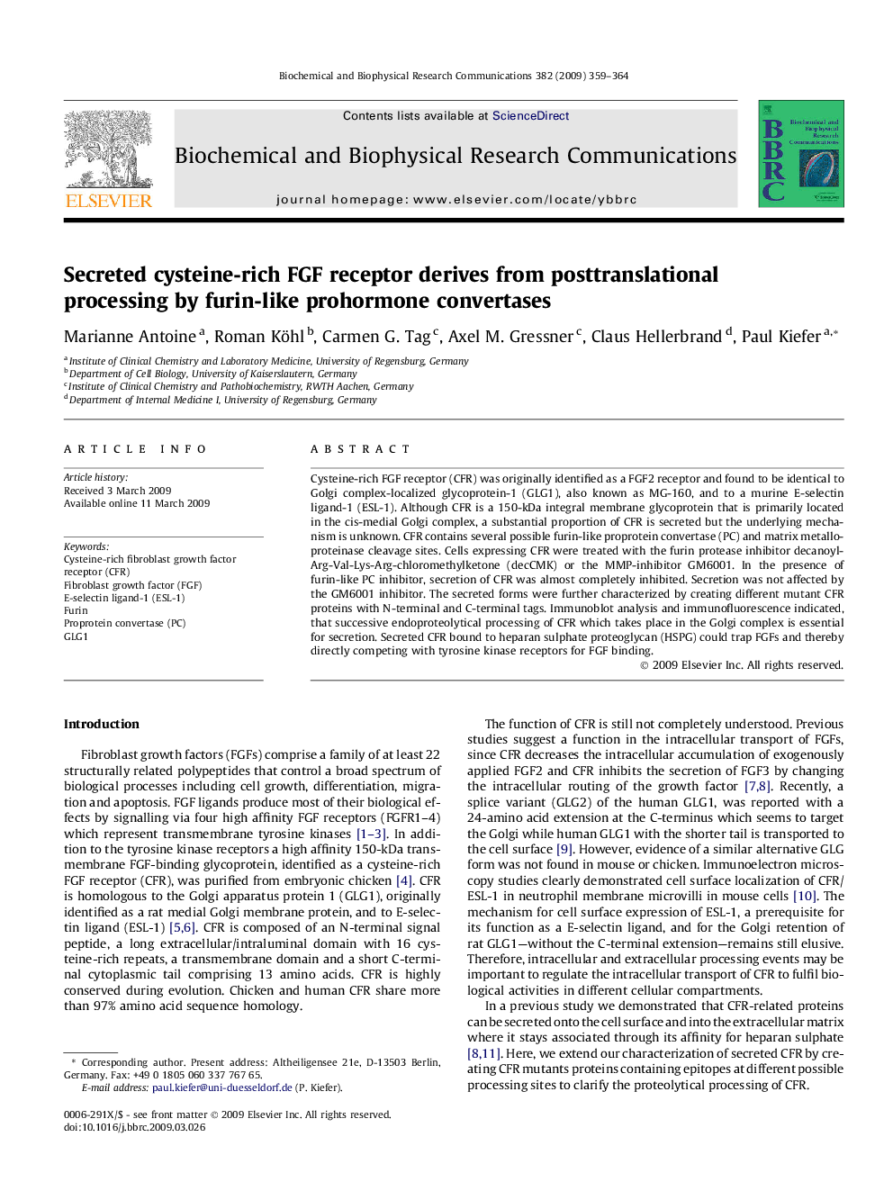 Secreted cysteine-rich FGF receptor derives from posttranslational processing by furin-like prohormone convertases