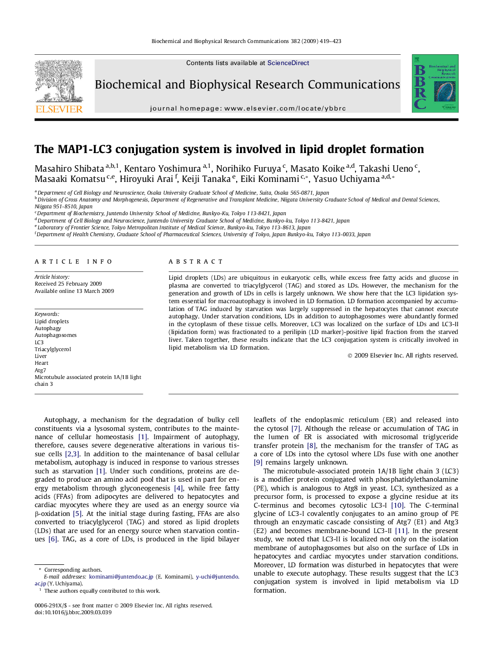 The MAP1-LC3 conjugation system is involved in lipid droplet formation