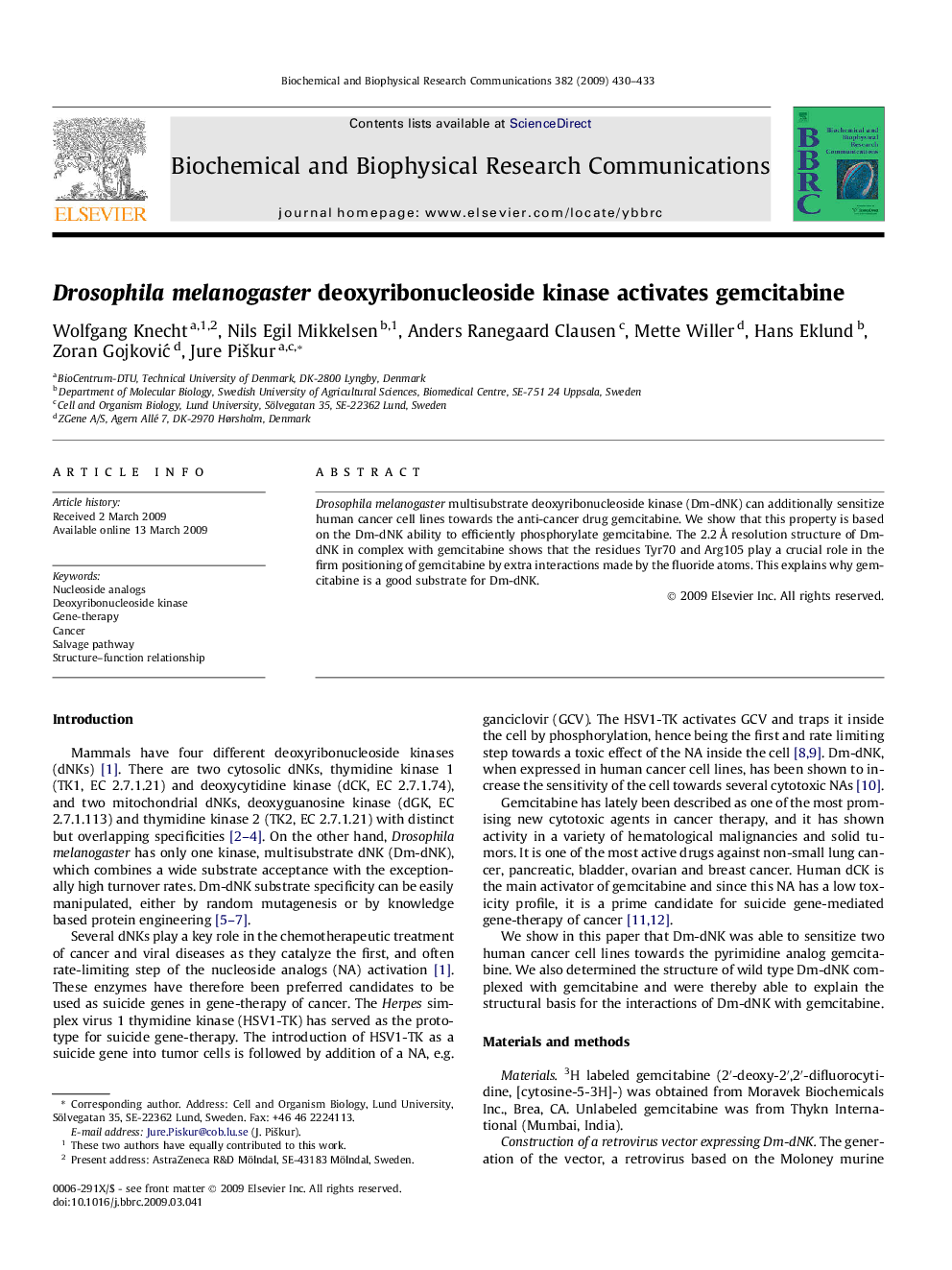 Drosophila melanogaster deoxyribonucleoside kinase activates gemcitabine