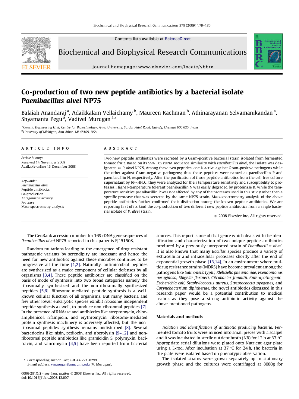 Co-production of two new peptide antibiotics by a bacterial isolate Paenibacillus alvei NP75