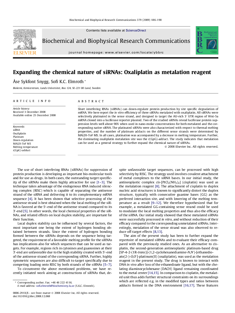 Expanding the chemical nature of siRNAs: Oxaliplatin as metalation reagent