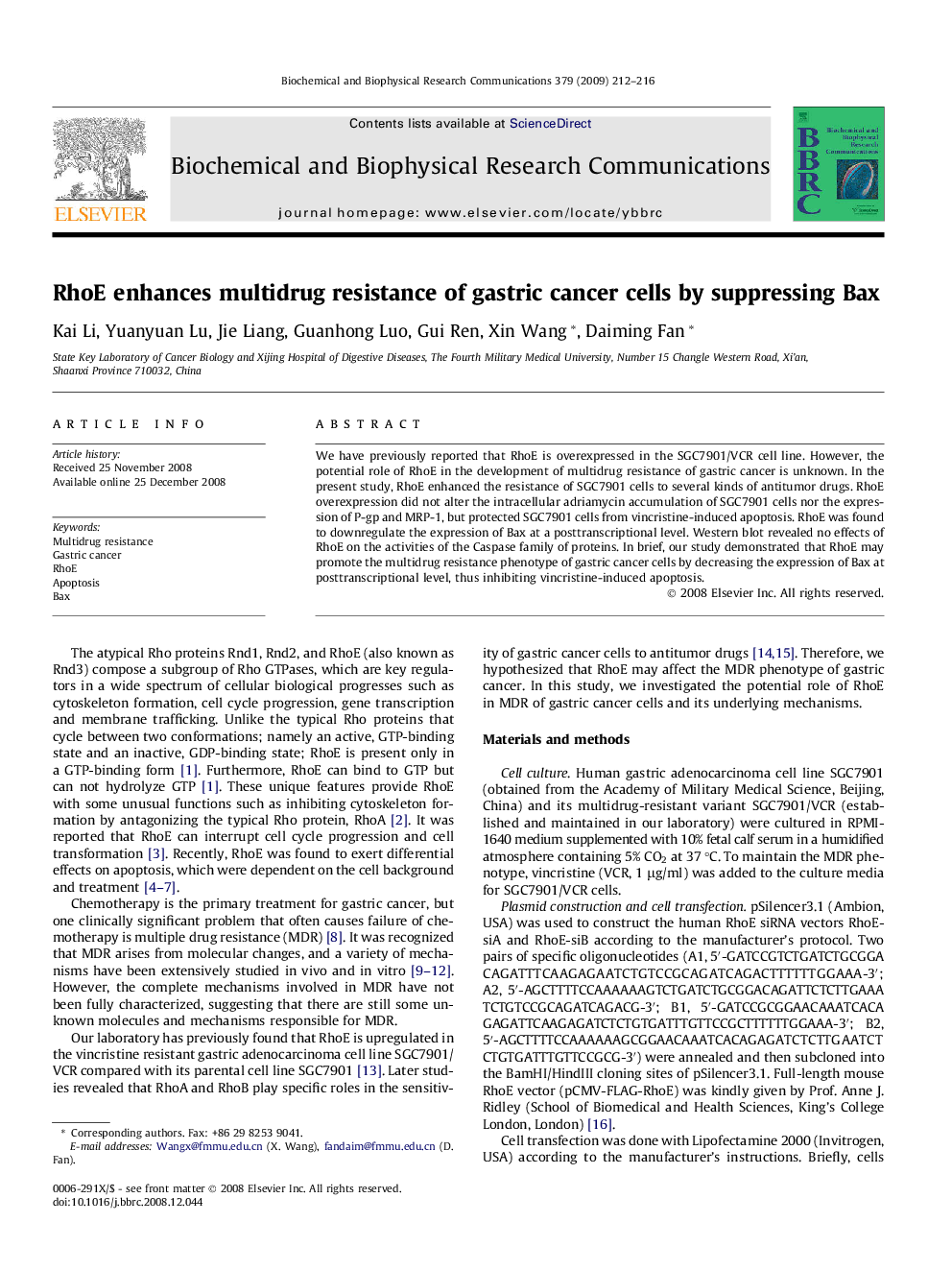 RhoE enhances multidrug resistance of gastric cancer cells by suppressing Bax