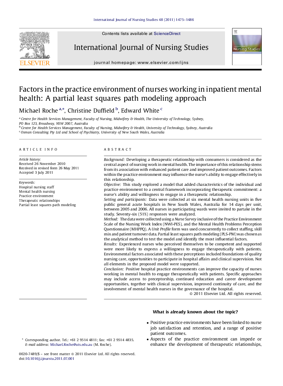 Factors in the practice environment of nurses working in inpatient mental health: A partial least squares path modeling approach