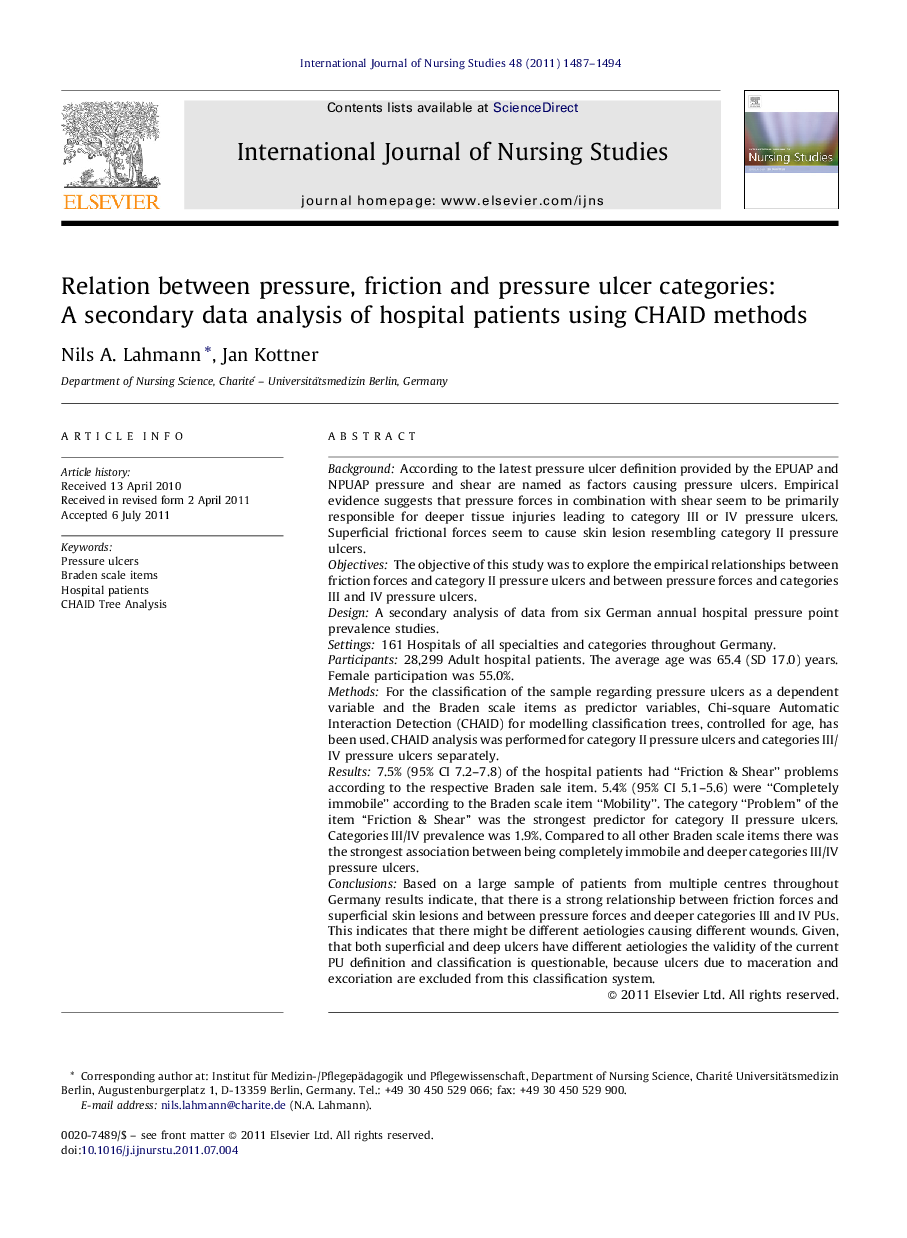 Relation between pressure, friction and pressure ulcer categories: A secondary data analysis of hospital patients using CHAID methods