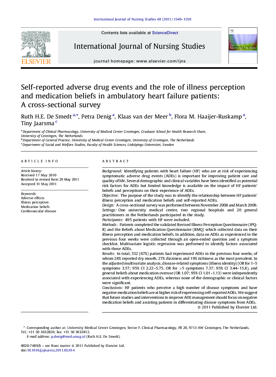 Self-reported adverse drug events and the role of illness perception and medication beliefs in ambulatory heart failure patients: A cross-sectional survey