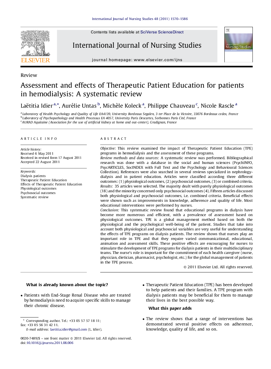 Assessment and effects of Therapeutic Patient Education for patients in hemodialysis: A systematic review