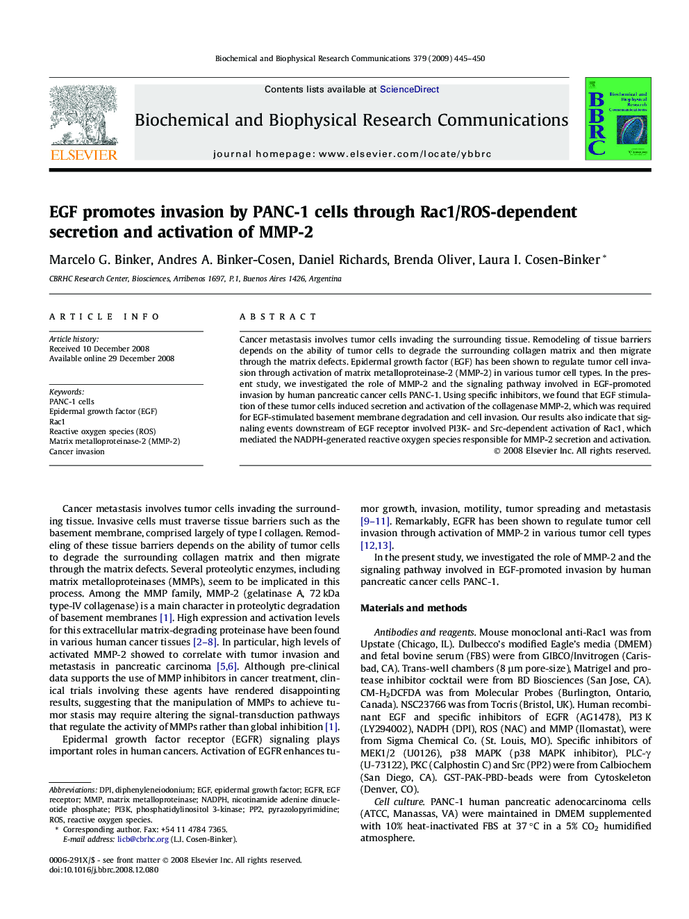 EGF promotes invasion by PANC-1 cells through Rac1/ROS-dependent secretion and activation of MMP-2