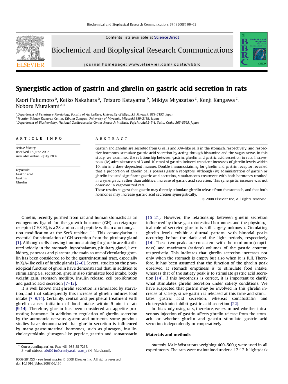 Synergistic action of gastrin and ghrelin on gastric acid secretion in rats