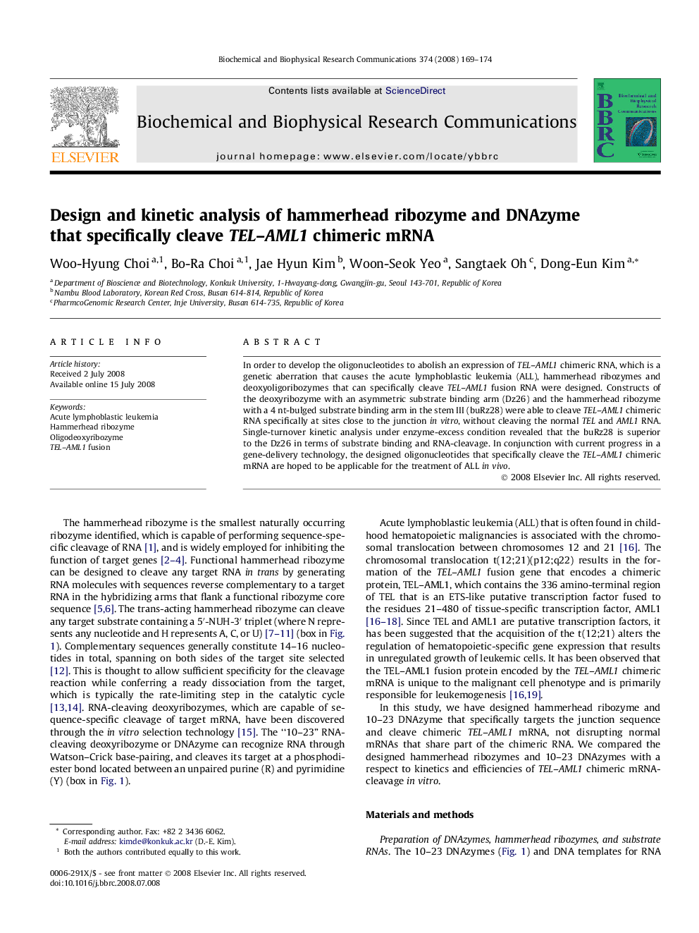 Design and kinetic analysis of hammerhead ribozyme and DNAzyme that specifically cleave TEL-AML1 chimeric mRNA