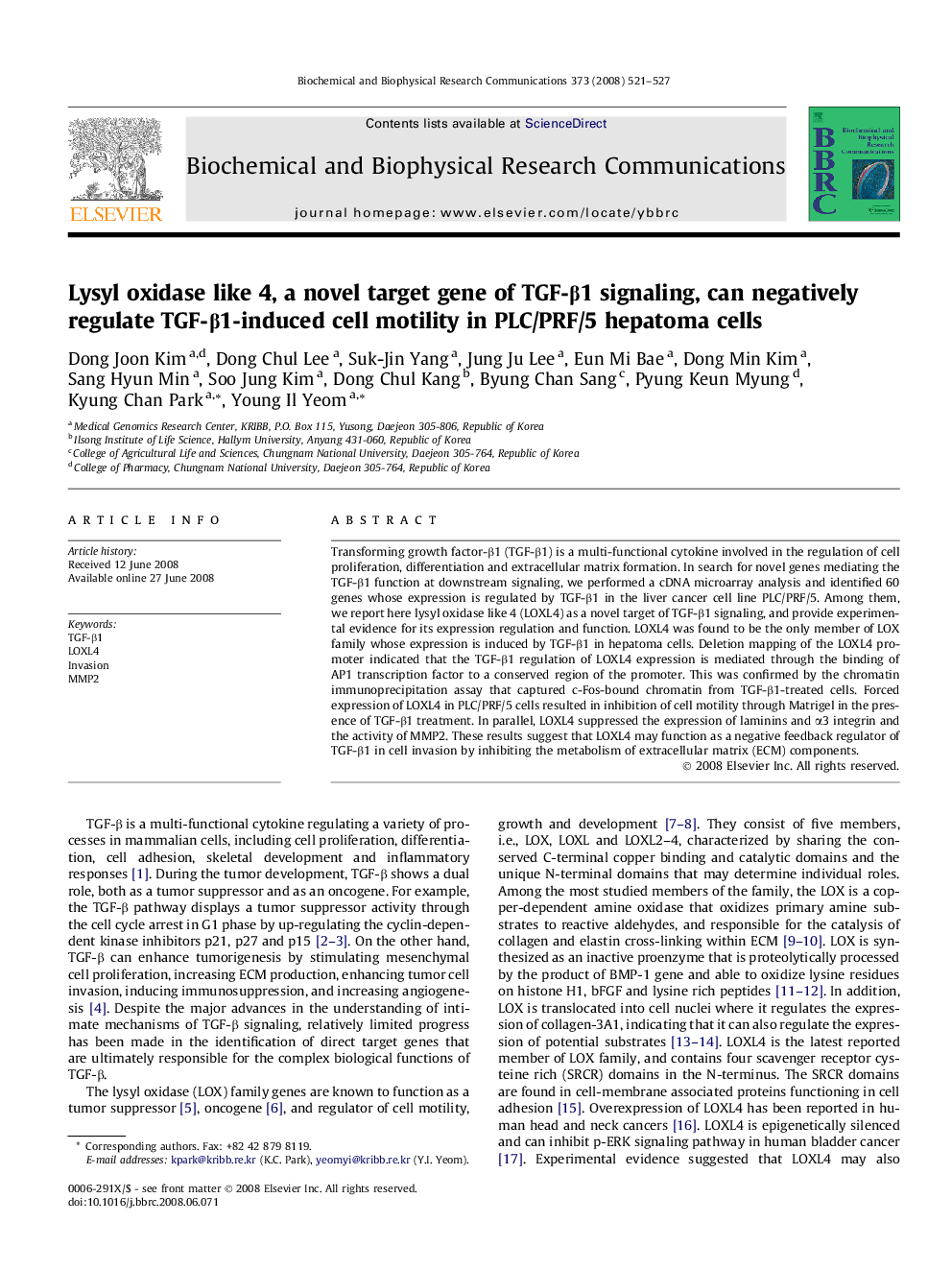 Lysyl oxidase like 4, a novel target gene of TGF-Î²1 signaling, can negatively regulate TGF-Î²1-induced cell motility in PLC/PRF/5 hepatoma cells