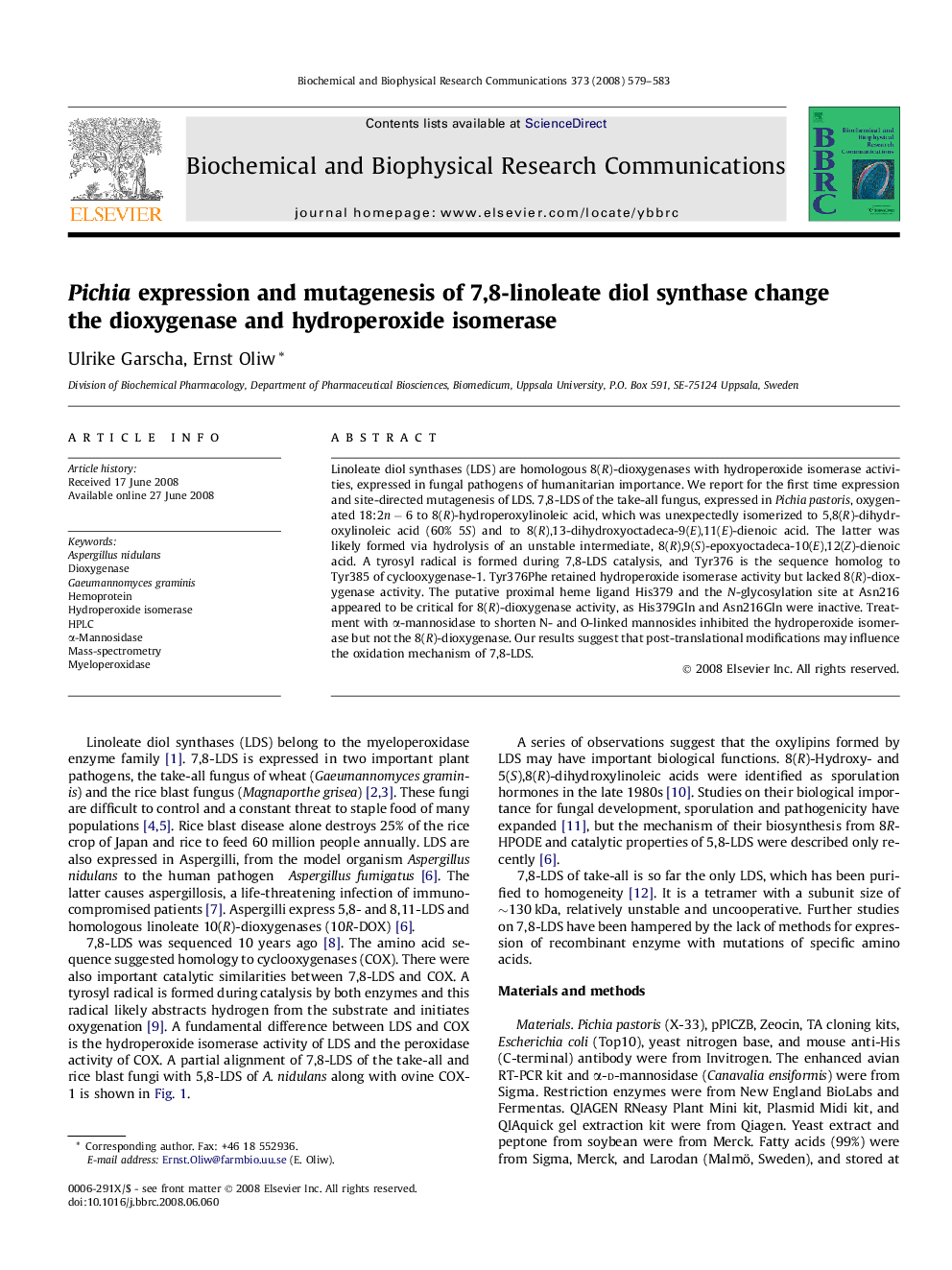 Pichia expression and mutagenesis of 7,8-linoleate diol synthase change the dioxygenase and hydroperoxide isomerase