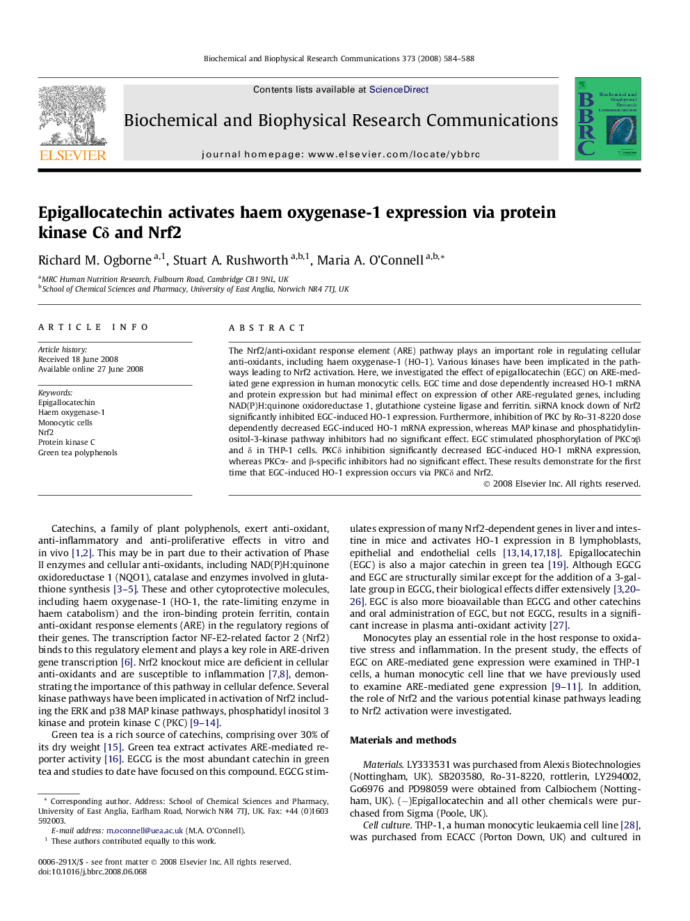 Epigallocatechin activates haem oxygenase-1 expression via protein kinase CÎ´ and Nrf2