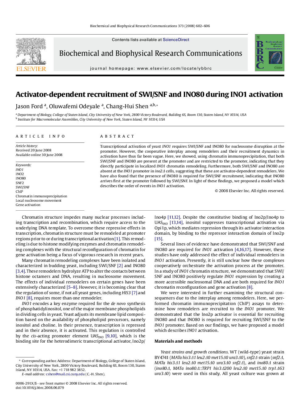 Activator-dependent recruitment of SWI/SNF and INO80 during INO1 activation