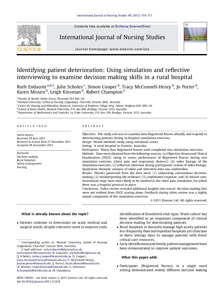 Identifying patient deterioration: Using simulation and reflective interviewing to examine decision making skills in a rural hospital