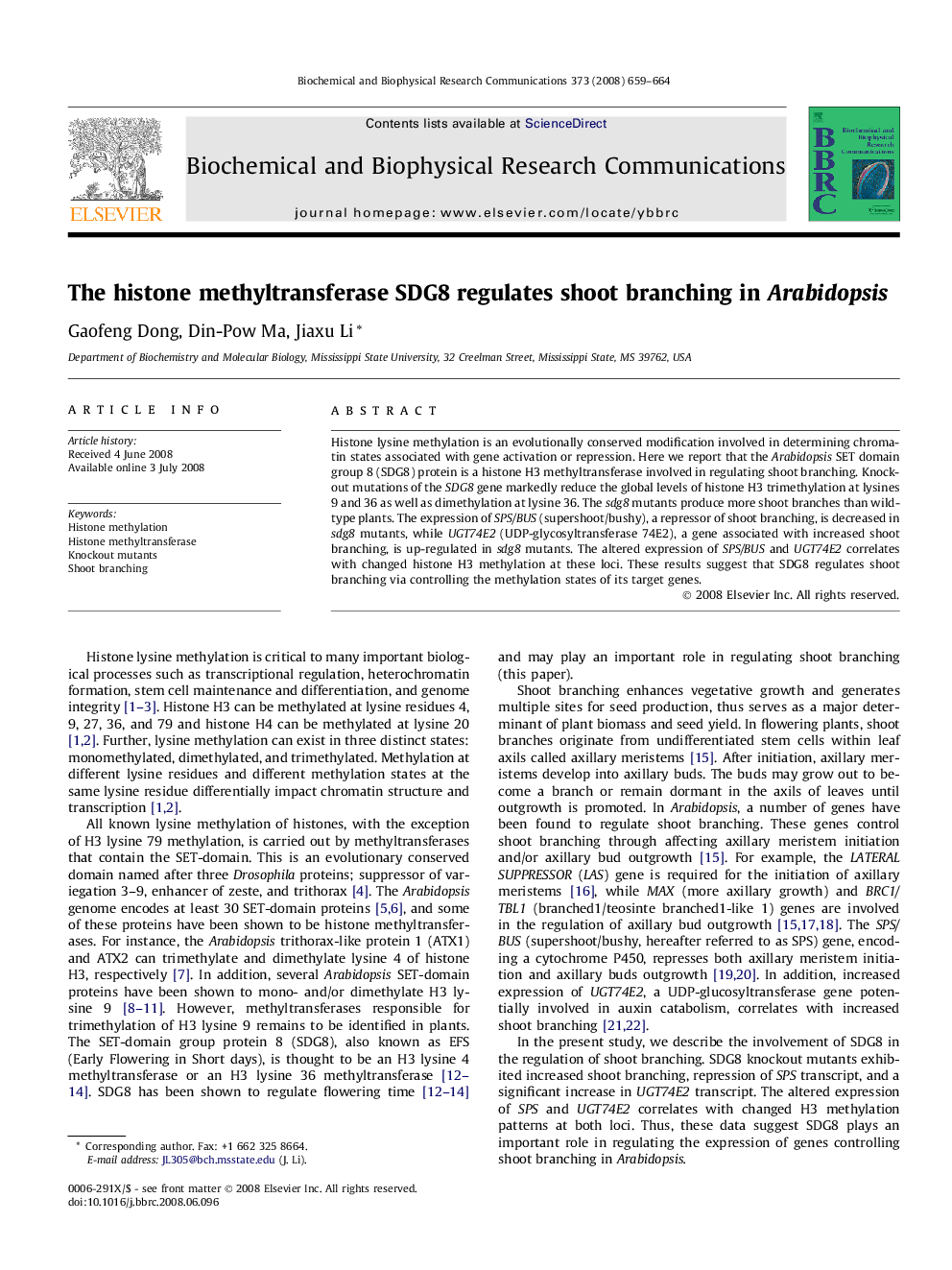 The histone methyltransferase SDG8 regulates shoot branching in Arabidopsis