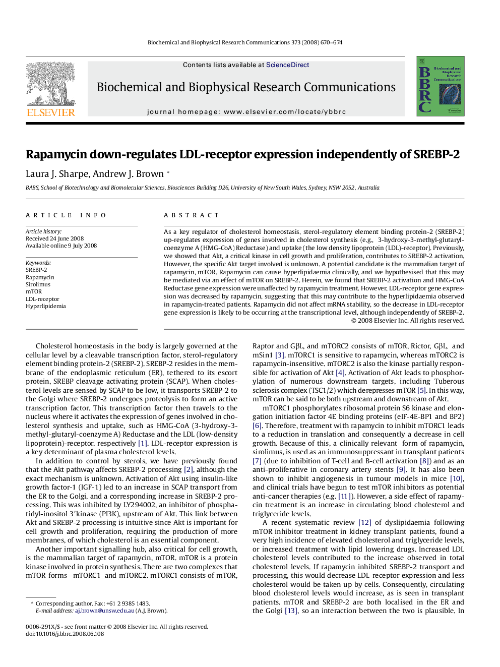 Rapamycin down-regulates LDL-receptor expression independently of SREBP-2