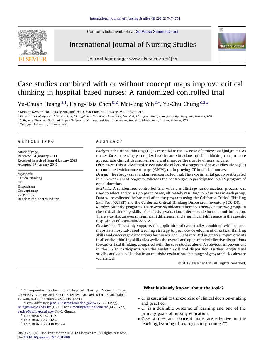 Case studies combined with or without concept maps improve critical thinking in hospital-based nurses: A randomized-controlled trial