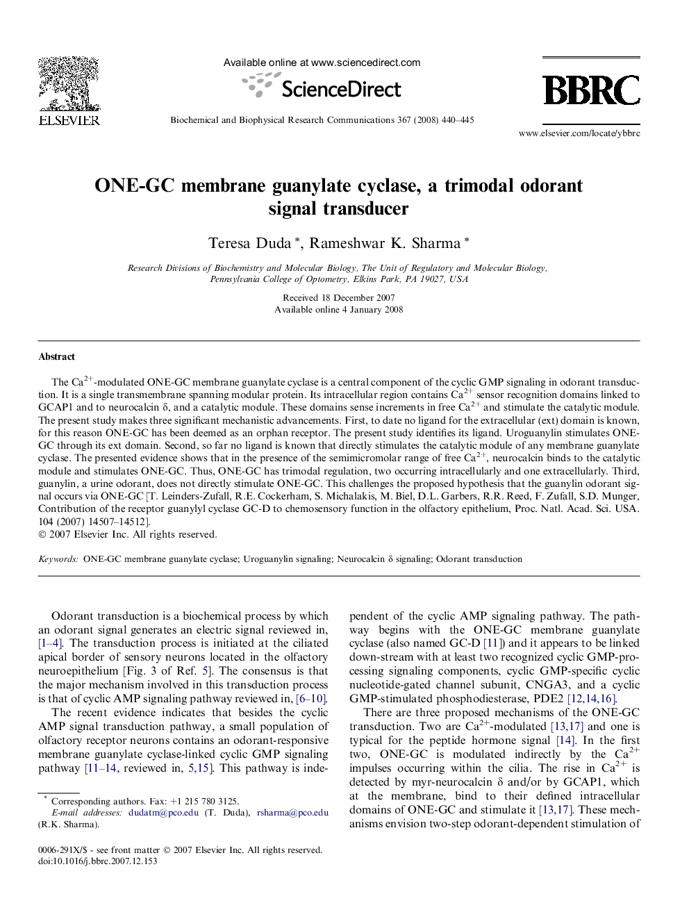 ONE-GC membrane guanylate cyclase, a trimodal odorant signal transducer