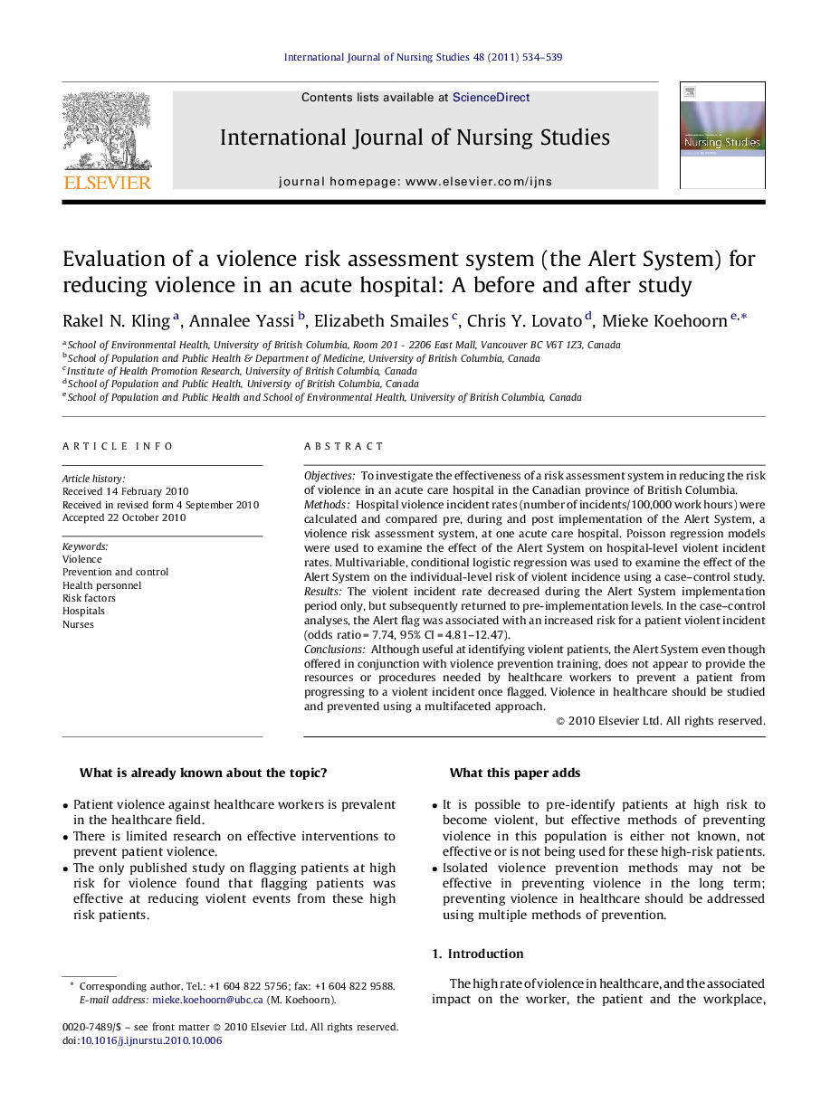 Evaluation of a violence risk assessment system (the Alert System) for reducing violence in an acute hospital: A before and after study