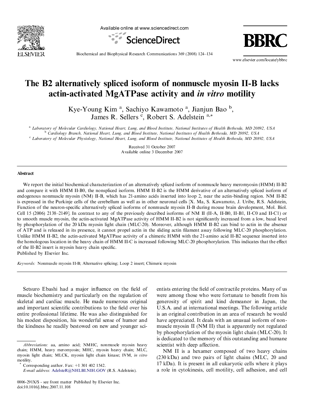 عکس صفحه اول مقاله: The B2 alternatively spliced isoform of nonmuscle myosin II-B lacks actin-activated MgATPase activity and in vitro motility The B2 alternatively spliced isoform of nonmuscle myosin II-B lacks actin-activated MgATPase activity and in vitro motility
