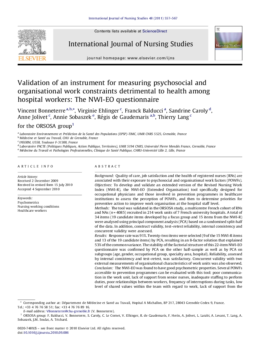 Validation of an instrument for measuring psychosocial and organisational work constraints detrimental to health among hospital workers: The NWI-EO questionnaire