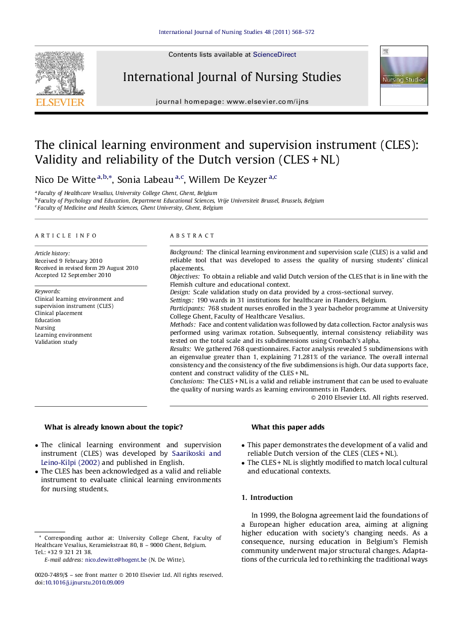 The clinical learning environment and supervision instrument (CLES): Validity and reliability of the Dutch version (CLES + NL)