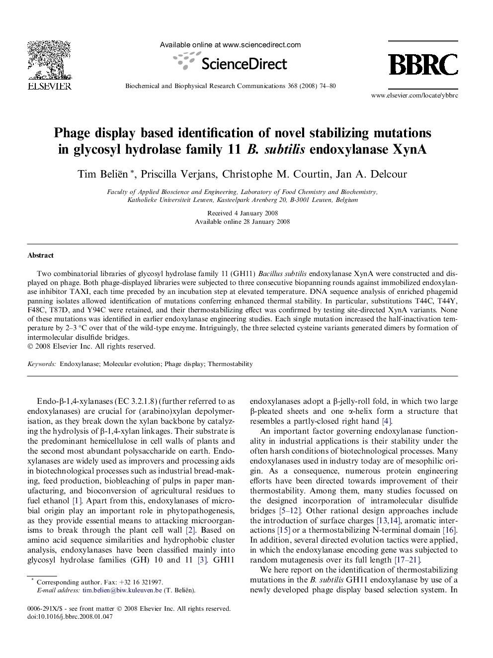 عکس صفحه اول مقاله: Phage display based identification of novel stabilizing mutations in glycosyl hydrolase family 11 B. subtilis endoxylanase XynA Phage display based identification of novel stabilizing mutations in glycosyl hydrolase family 11 B. subtilis endoxylanase XynA